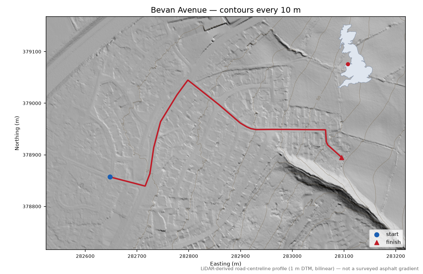 Bevan Avenue LiDAR hillshade map with contours