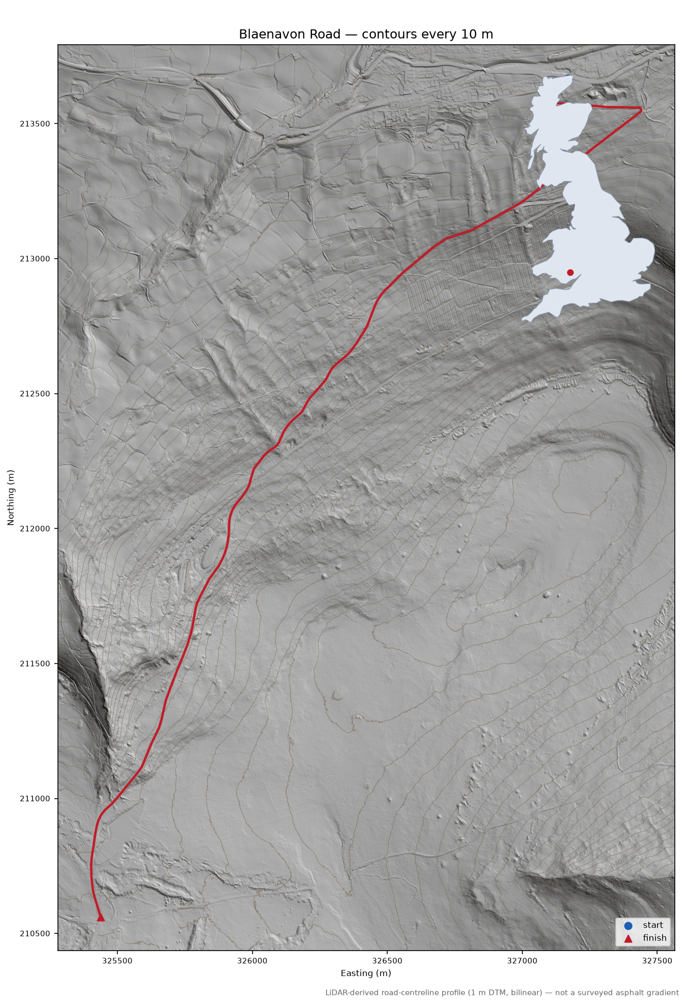Blaenavon Road LiDAR hillshade map with contours
