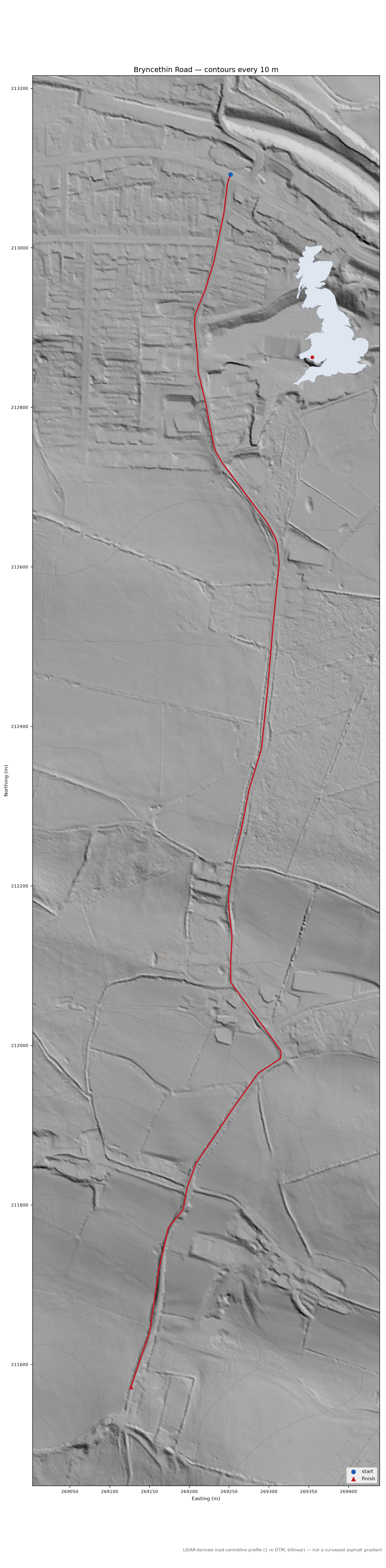 Bryncethin Road LiDAR hillshade map with contours