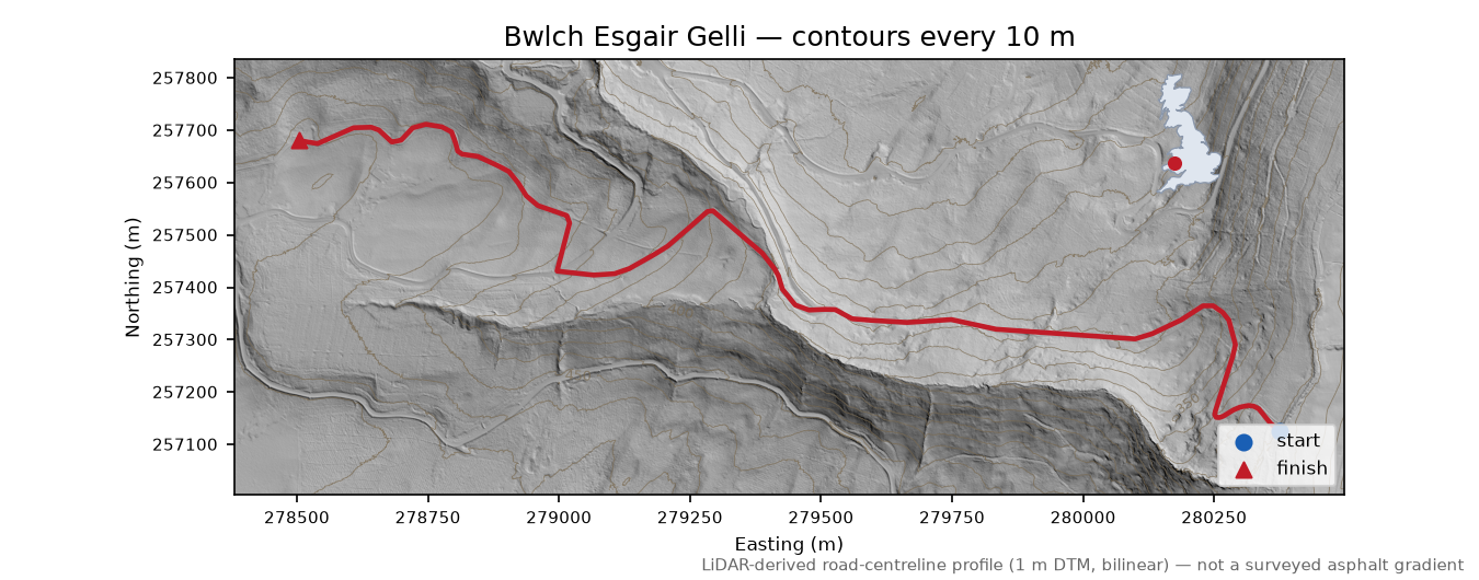 Bwlch Esgair Gelli LiDAR hillshade map with contours