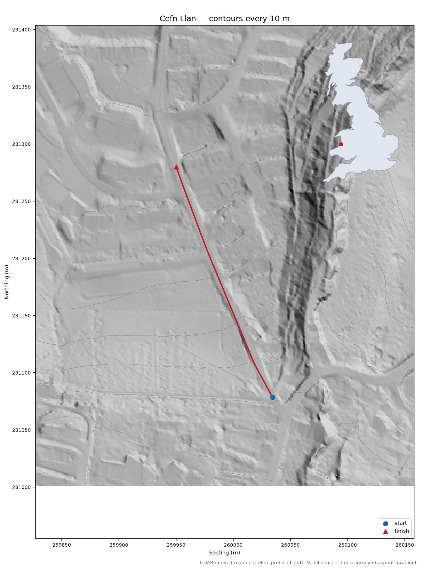 Cefn Llan LiDAR hillshade map with contours