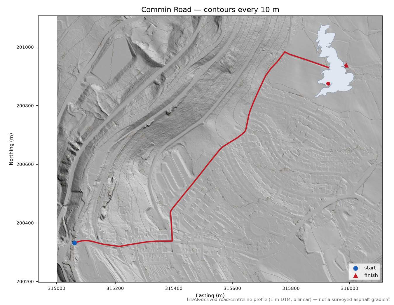 Commin Road LiDAR hillshade map with contours