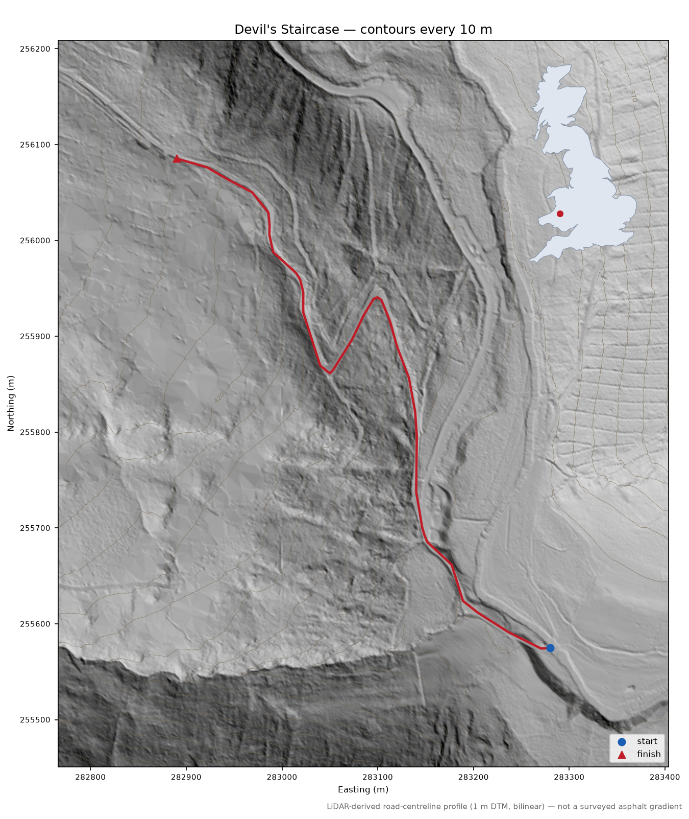 Devil's Staircase LiDAR hillshade map with contours