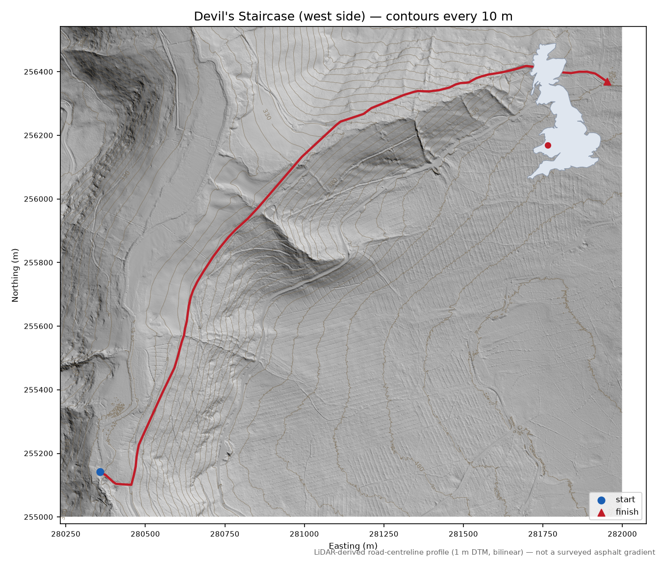 Devil's Staircase (west side) LiDAR hillshade map with contours