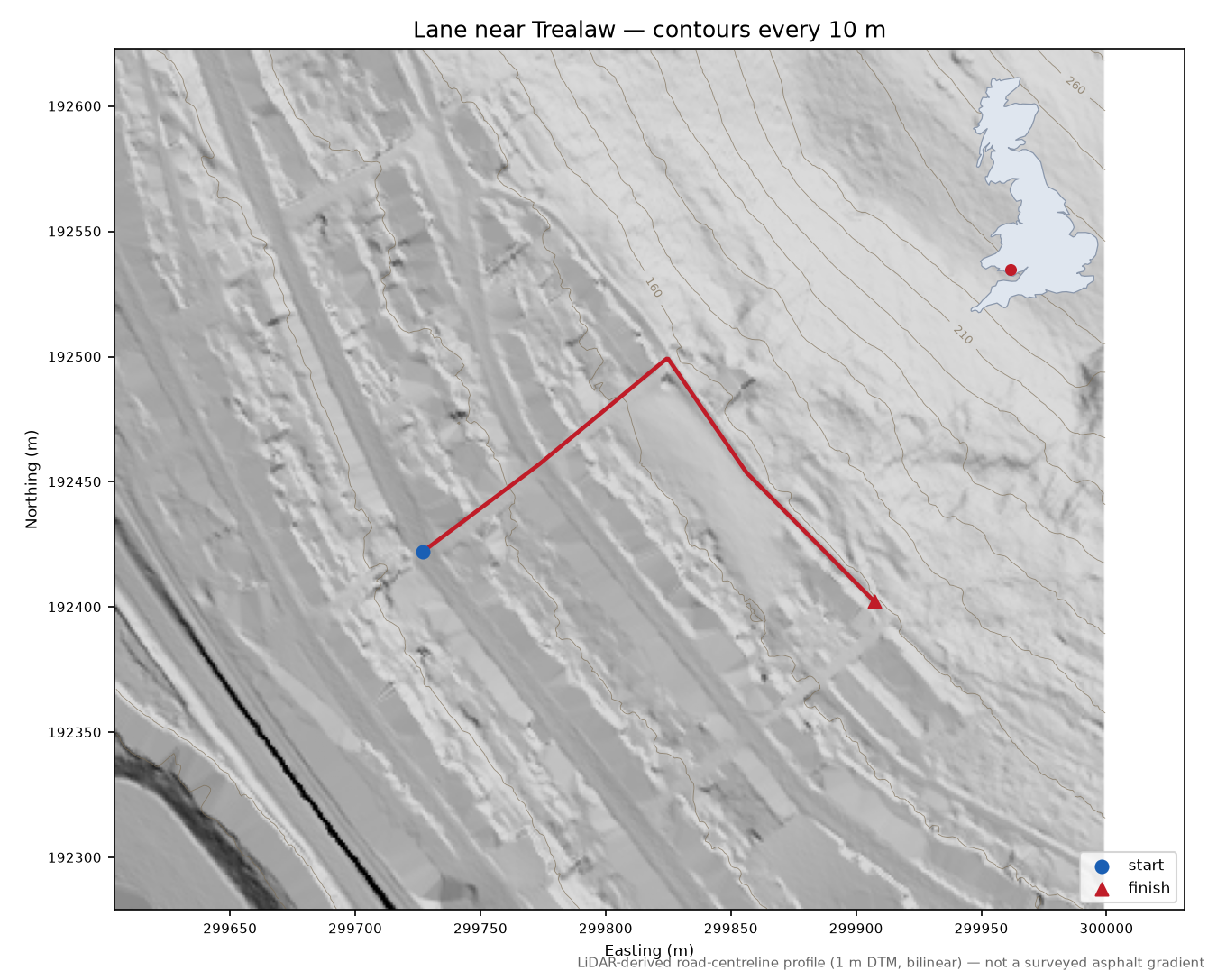 Lane near Trealaw LiDAR hillshade map with contours