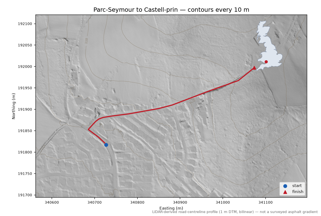Parc-Seymour to Castell-prin LiDAR hillshade map with contours