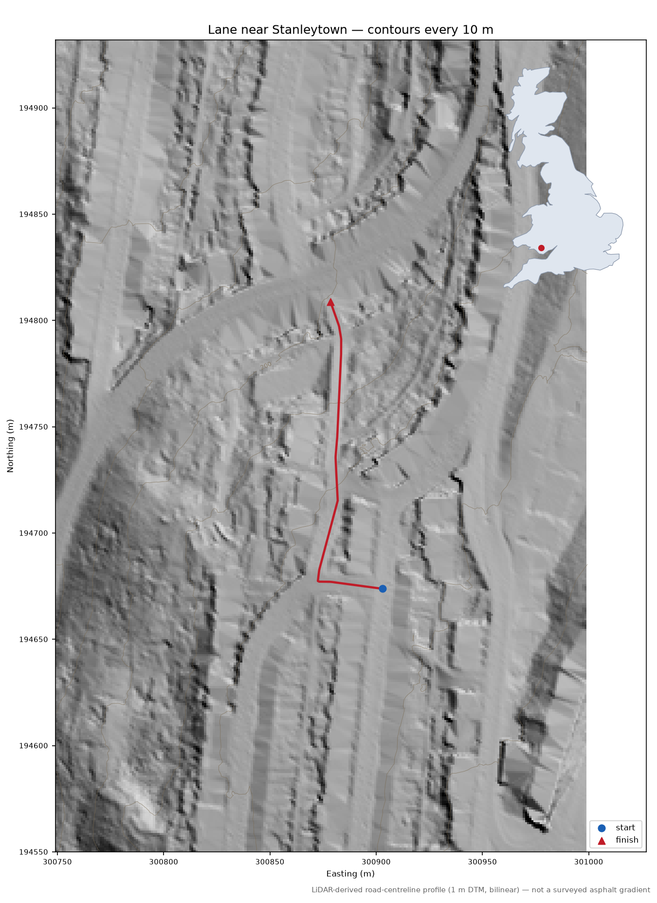 Lane near Stanleytown LiDAR hillshade map with contours