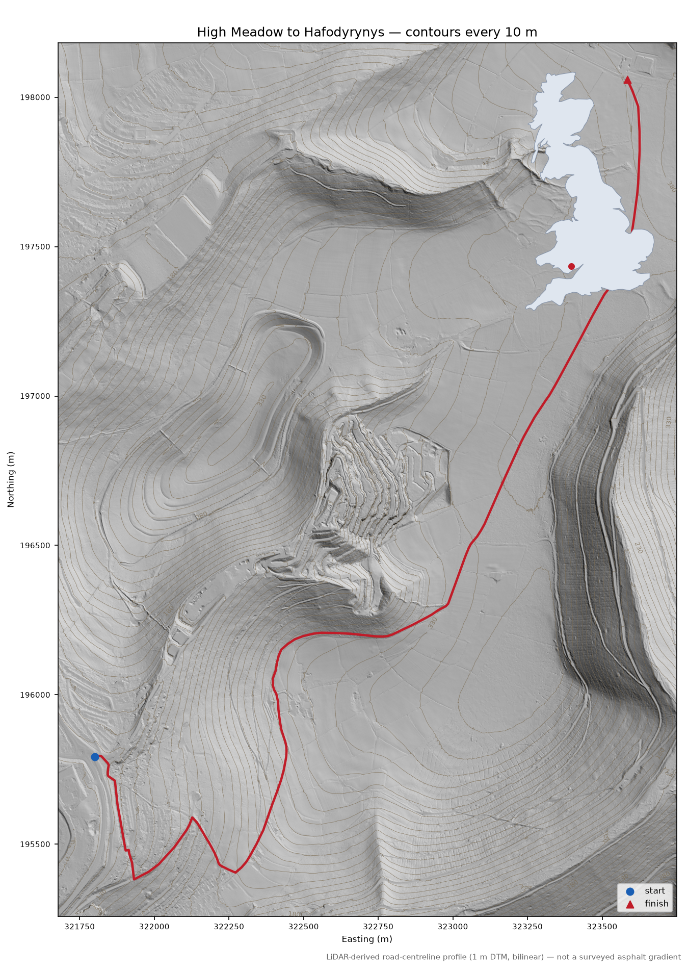 High Meadow to Hafodyrynys LiDAR hillshade map with contours