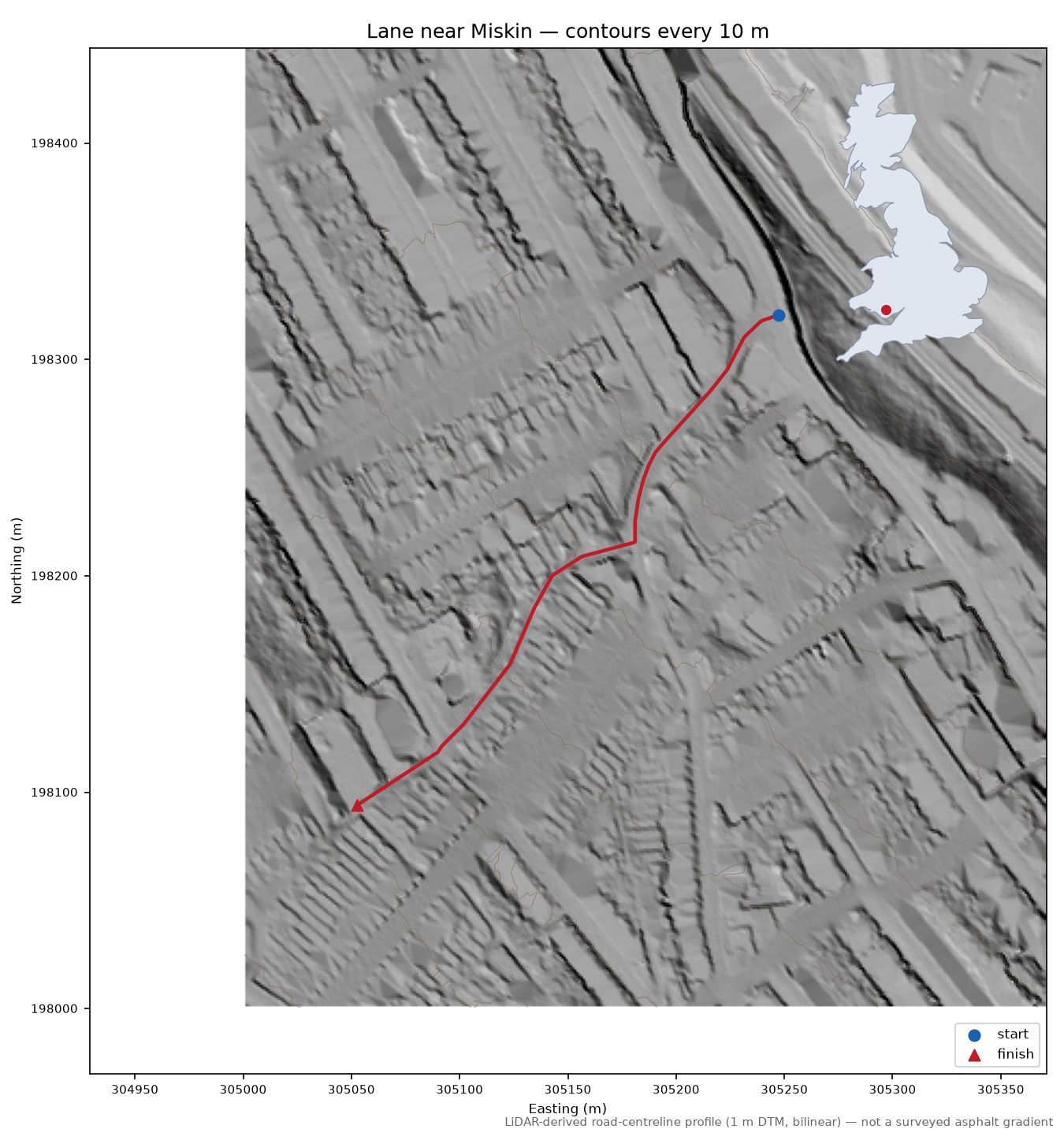 Lane near Miskin LiDAR hillshade map with contours