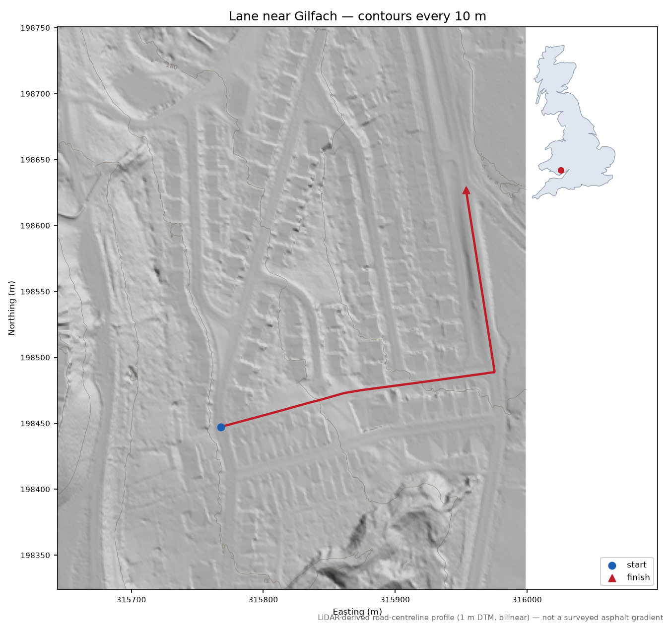 Lane near Gilfach LiDAR hillshade map with contours