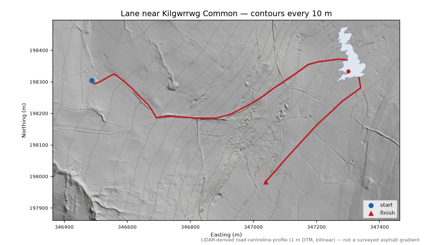 Lane near Kilgwrrwg Common LiDAR hillshade map with contours