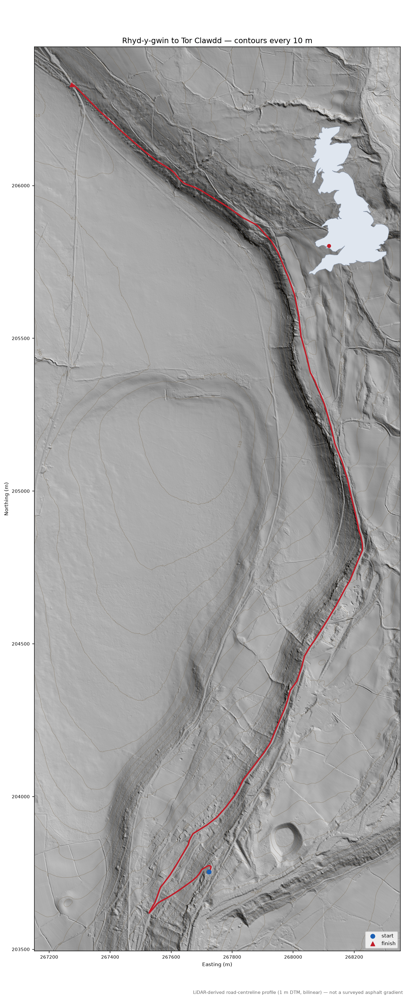 Rhyd-y-gwin to Tor Clawdd LiDAR hillshade map with contours