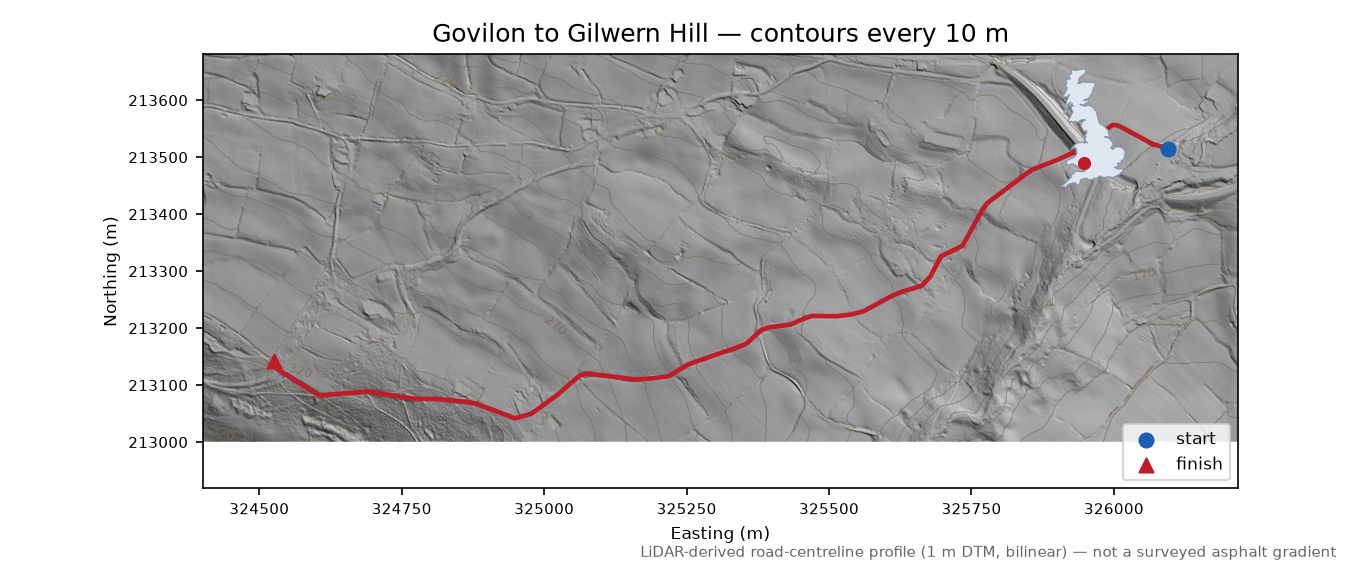Govilon to Gilwern Hill LiDAR hillshade map with contours