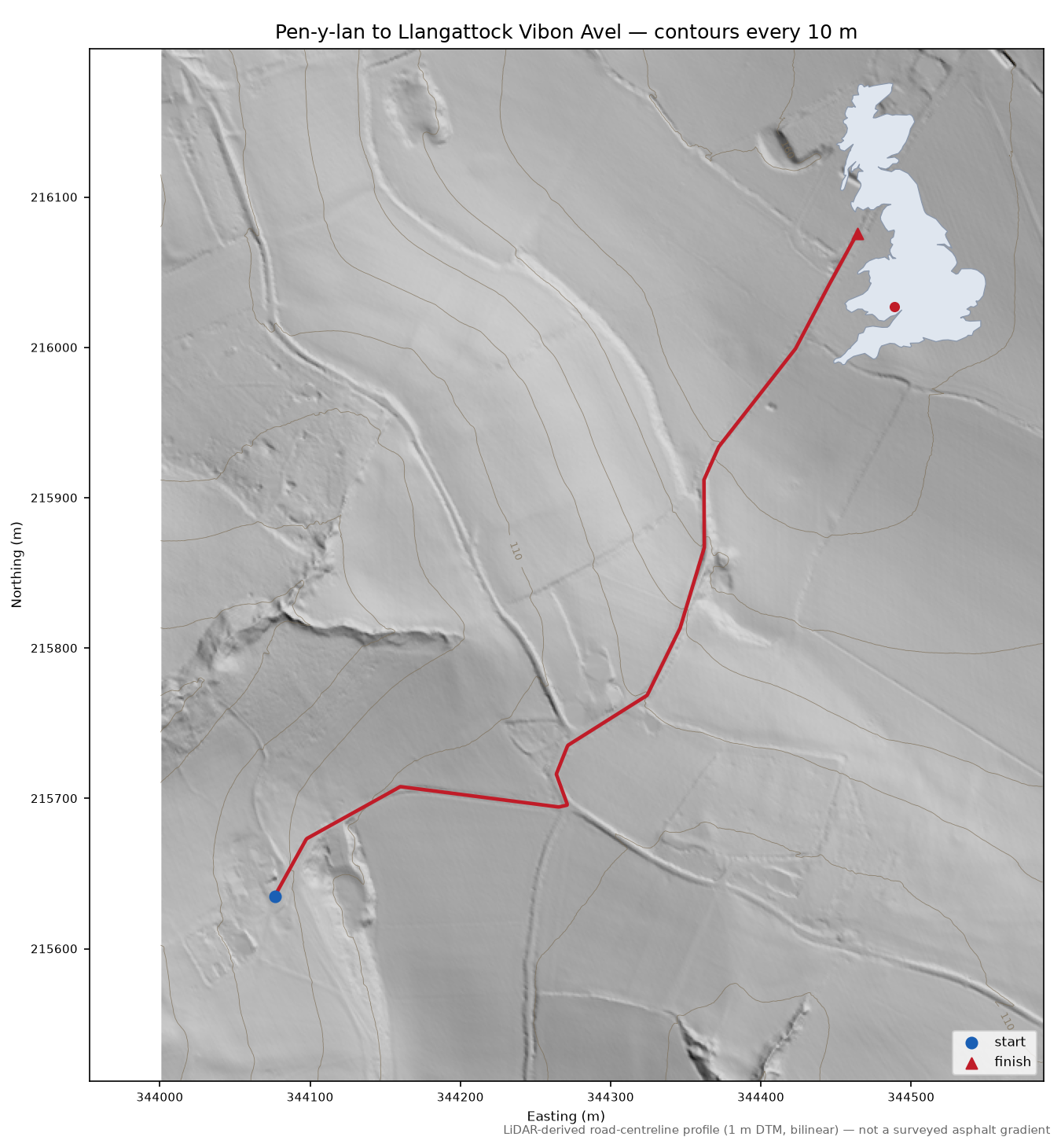 Pen-y-lan to Llangattock Vibon Avel LiDAR hillshade map with contours