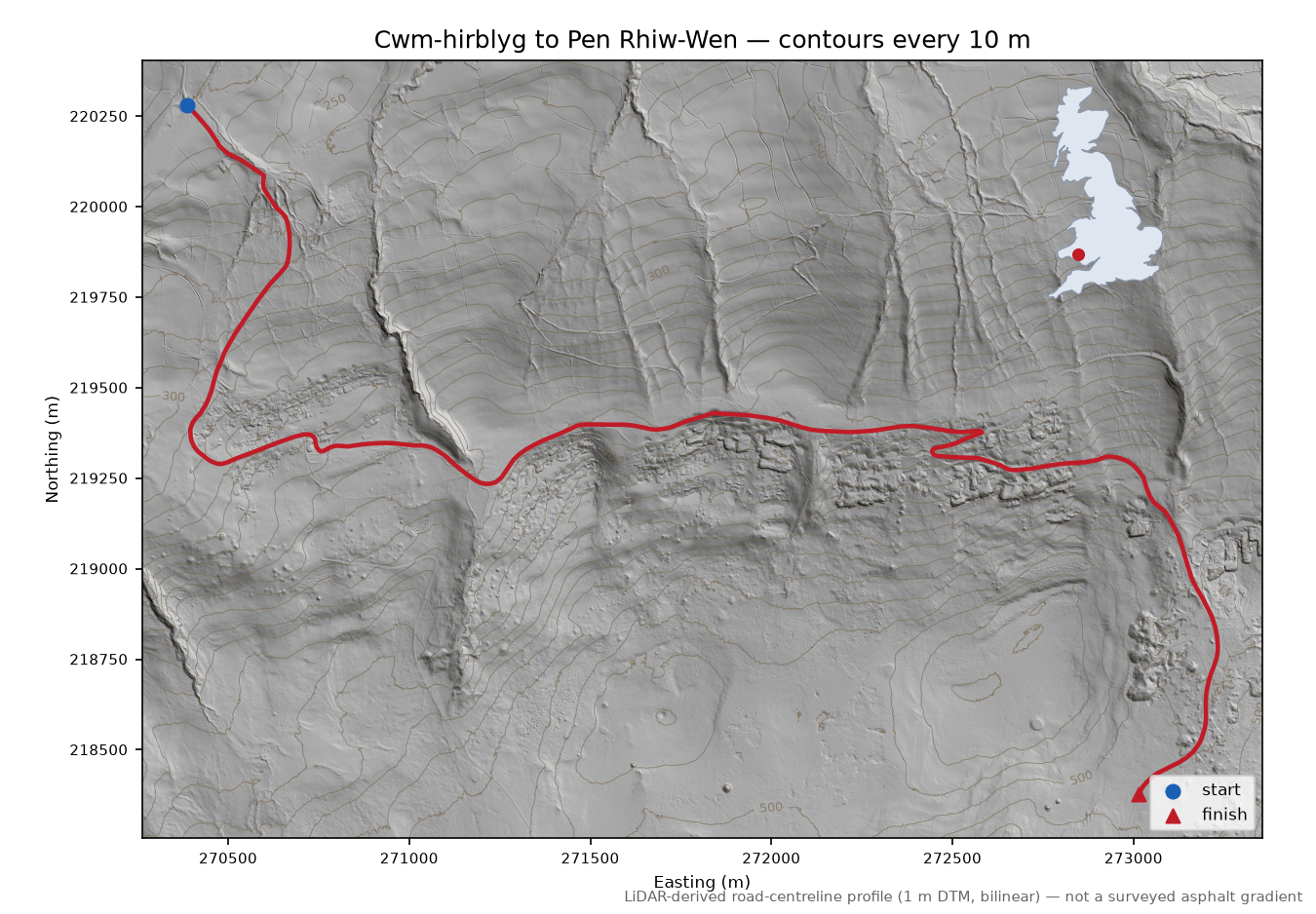 Cwm-hirblyg to Pen Rhiw-Wen LiDAR hillshade map with contours