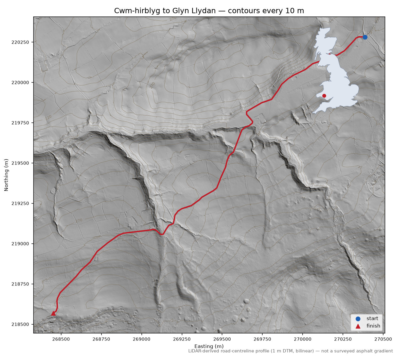 Cwm-hirblyg to Glyn Llydan LiDAR hillshade map with contours
