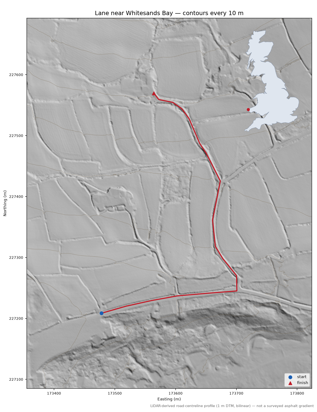 Lane near Whitesands Bay LiDAR hillshade map with contours