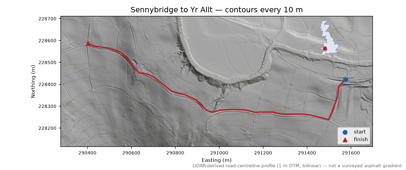 Sennybridge to Yr Allt LiDAR hillshade map with contours
