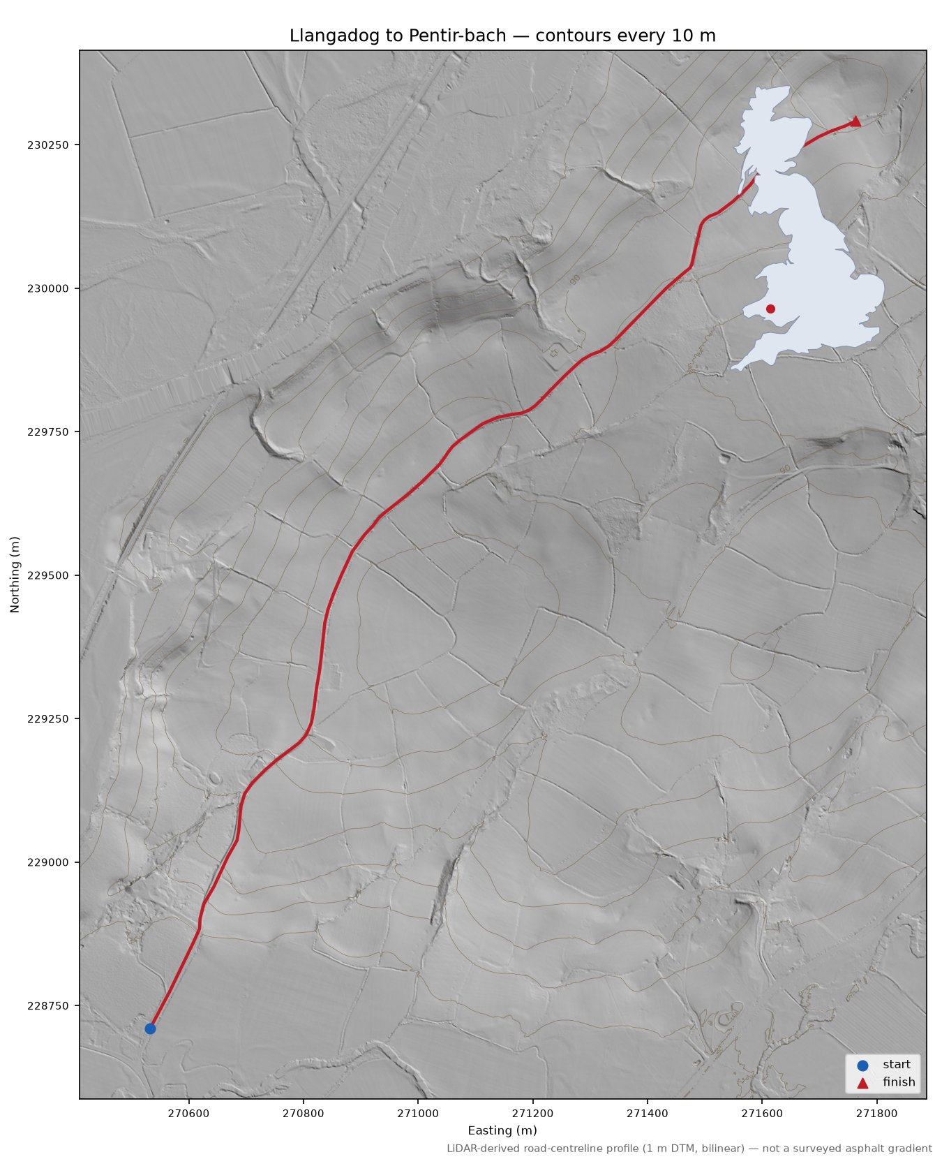 Llangadog to Pentir-bach LiDAR hillshade map with contours