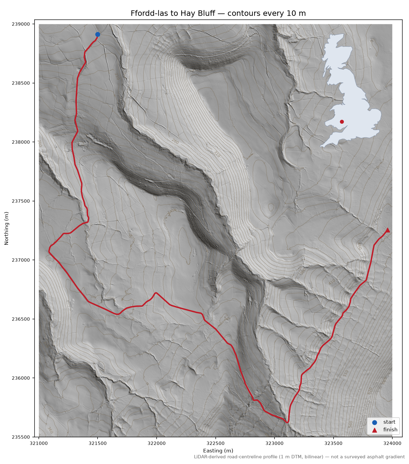Ffordd-las to Hay Bluff LiDAR hillshade map with contours