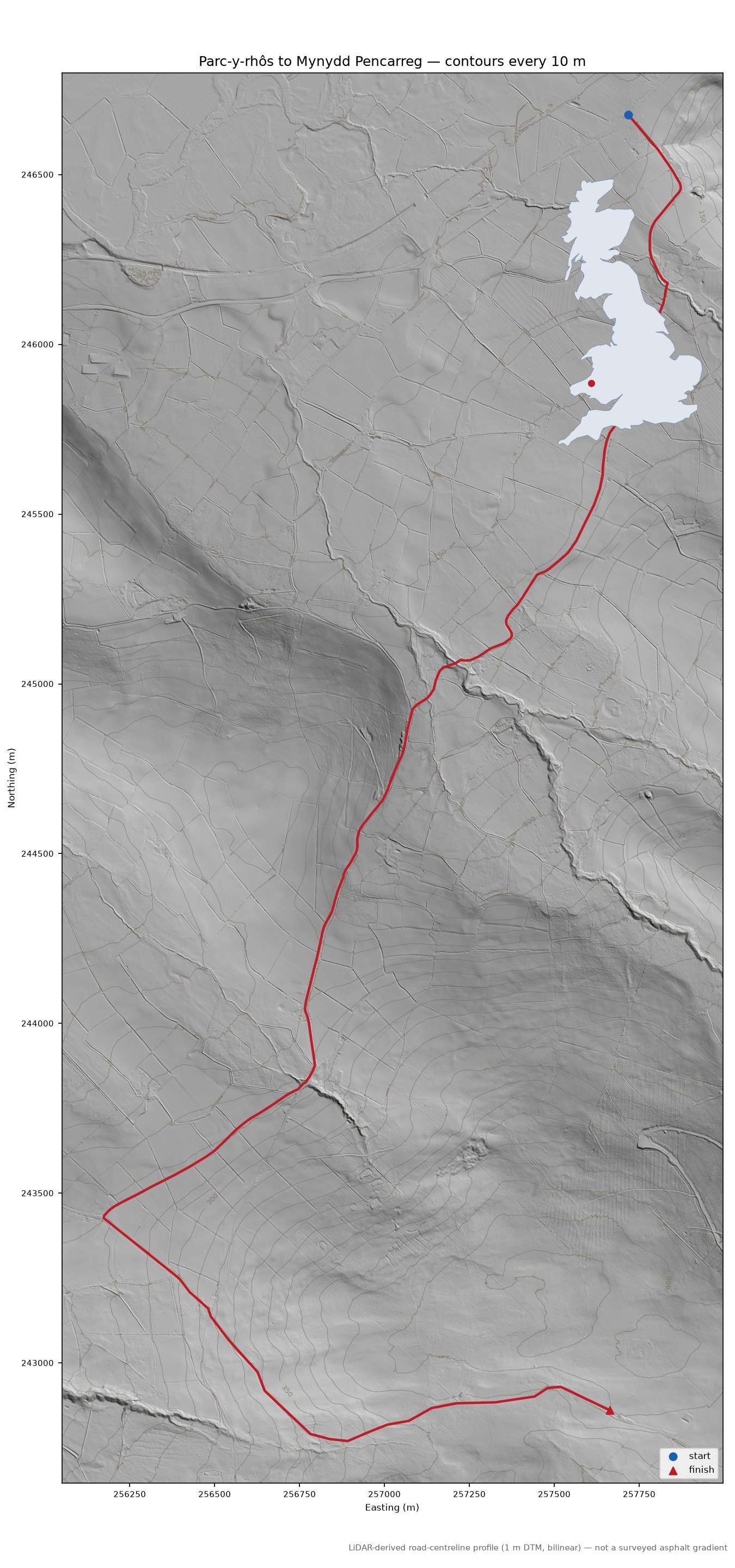 Parc-y-rhôs to Mynydd Pencarreg LiDAR hillshade map with contours