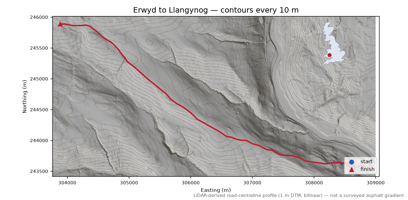 Erwyd to Llangynog LiDAR hillshade map with contours