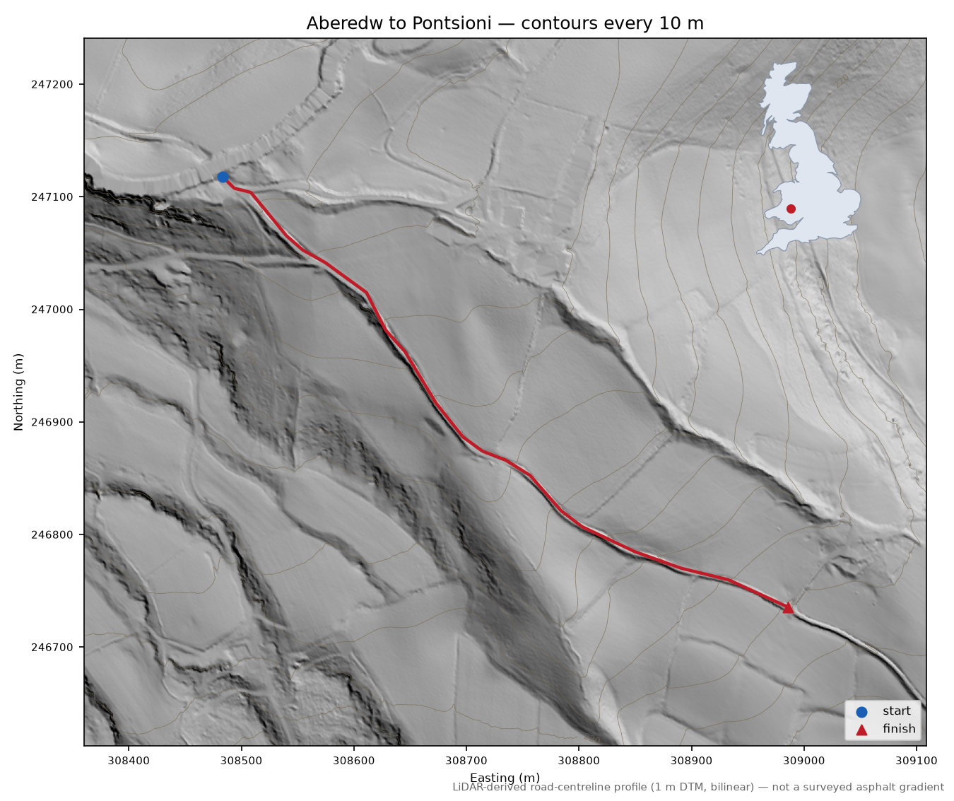 Aberedw to Pontsioni LiDAR hillshade map with contours