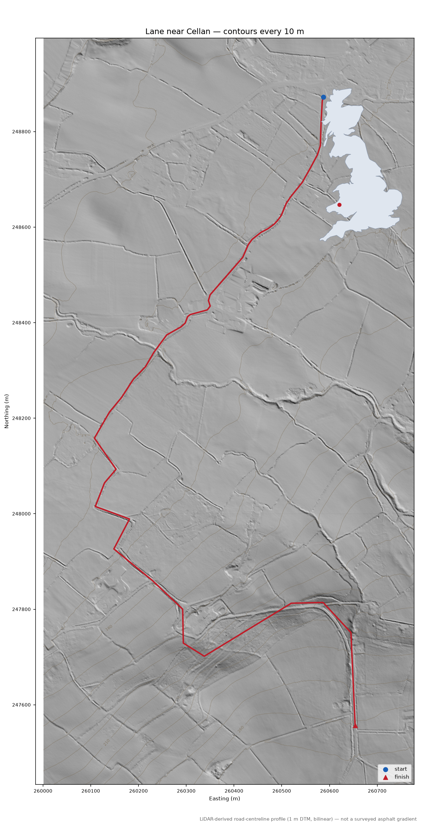 Lane near Cellan LiDAR hillshade map with contours
