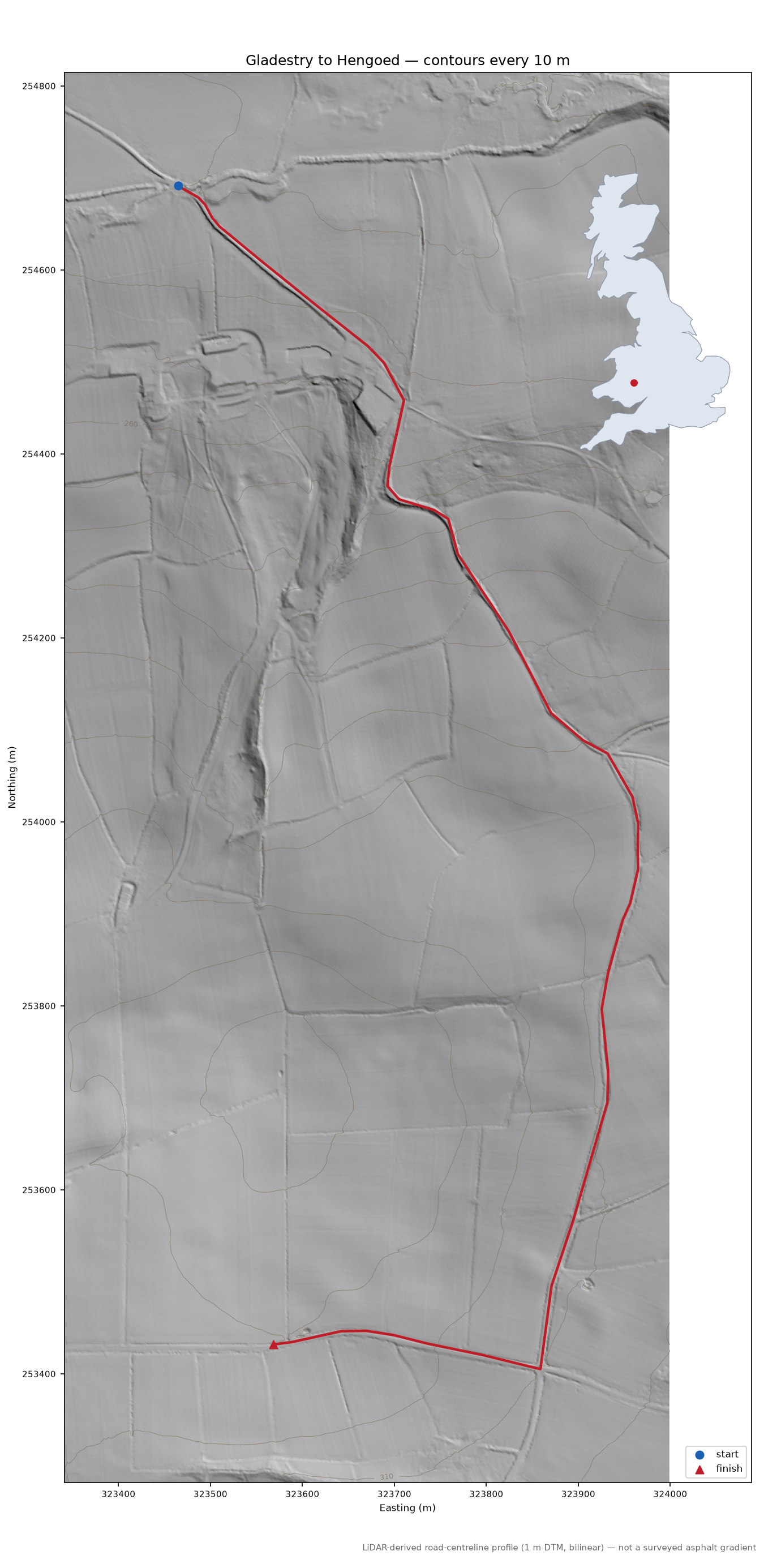 Gladestry to Hengoed LiDAR hillshade map with contours