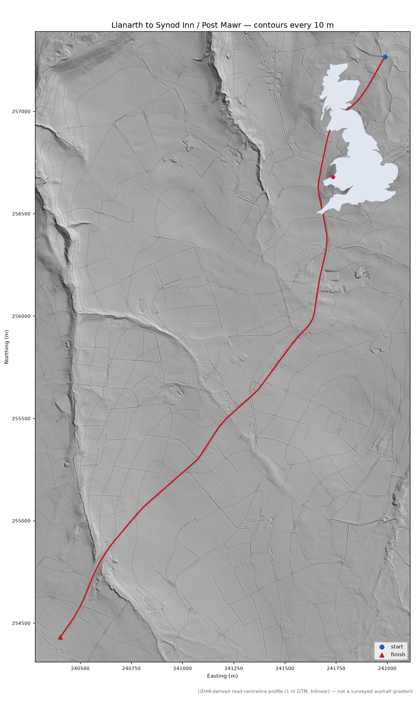 Llanarth to Synod Inn / Post Mawr LiDAR hillshade map with contours