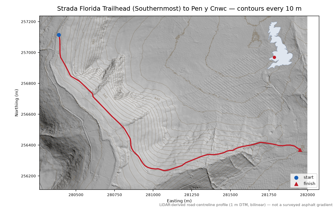 Strada Florida Trailhead (Southernmost) to Pen y Cnwc LiDAR hillshade map with contours