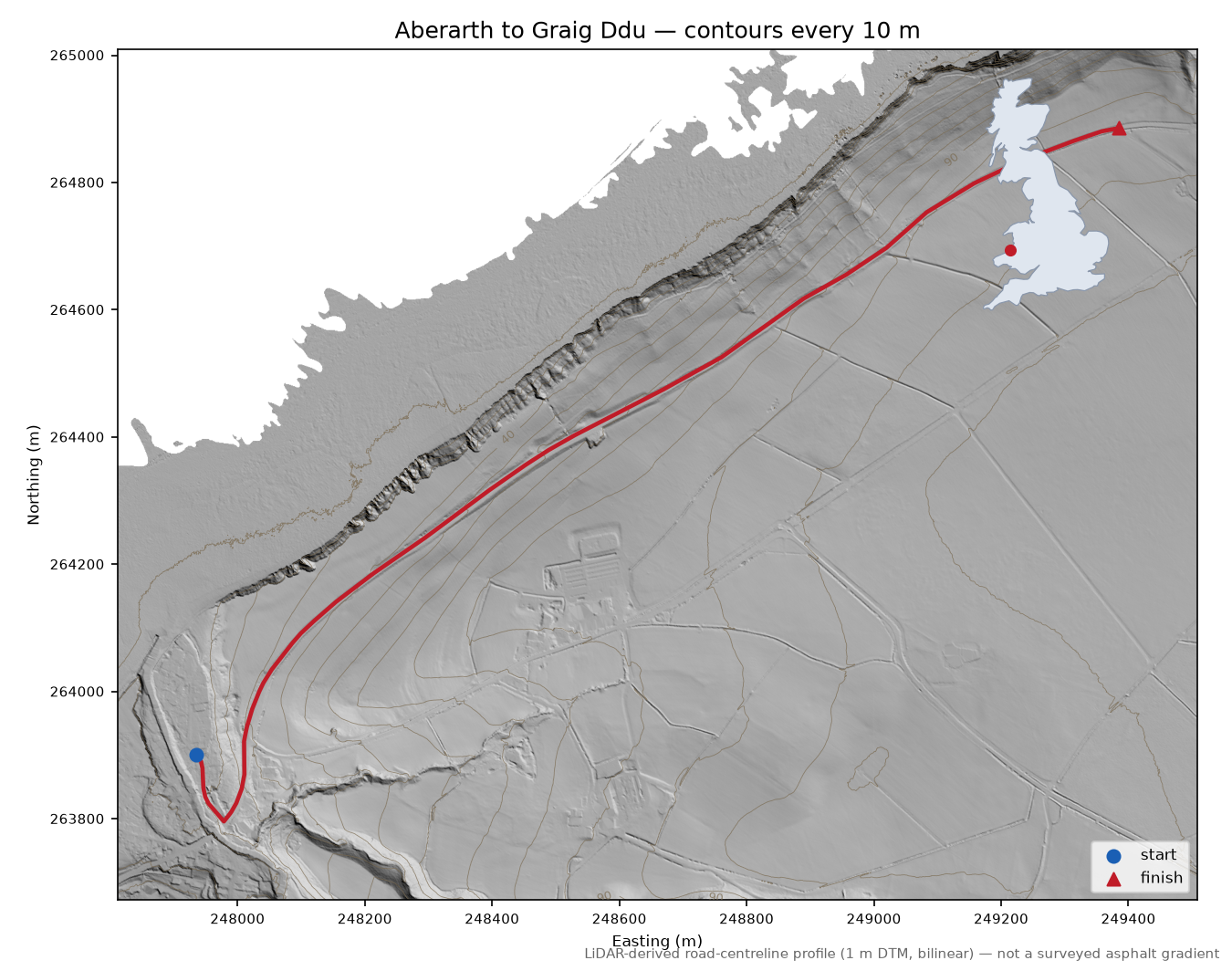 Aberarth to Graig Ddu LiDAR hillshade map with contours