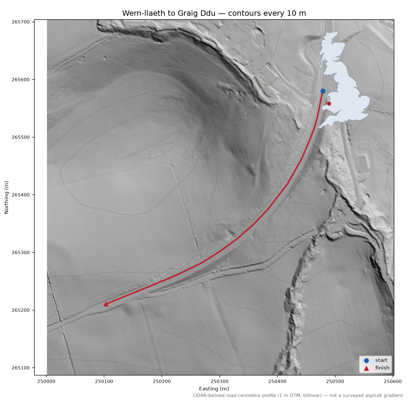Wern-llaeth to Graig Ddu LiDAR hillshade map with contours