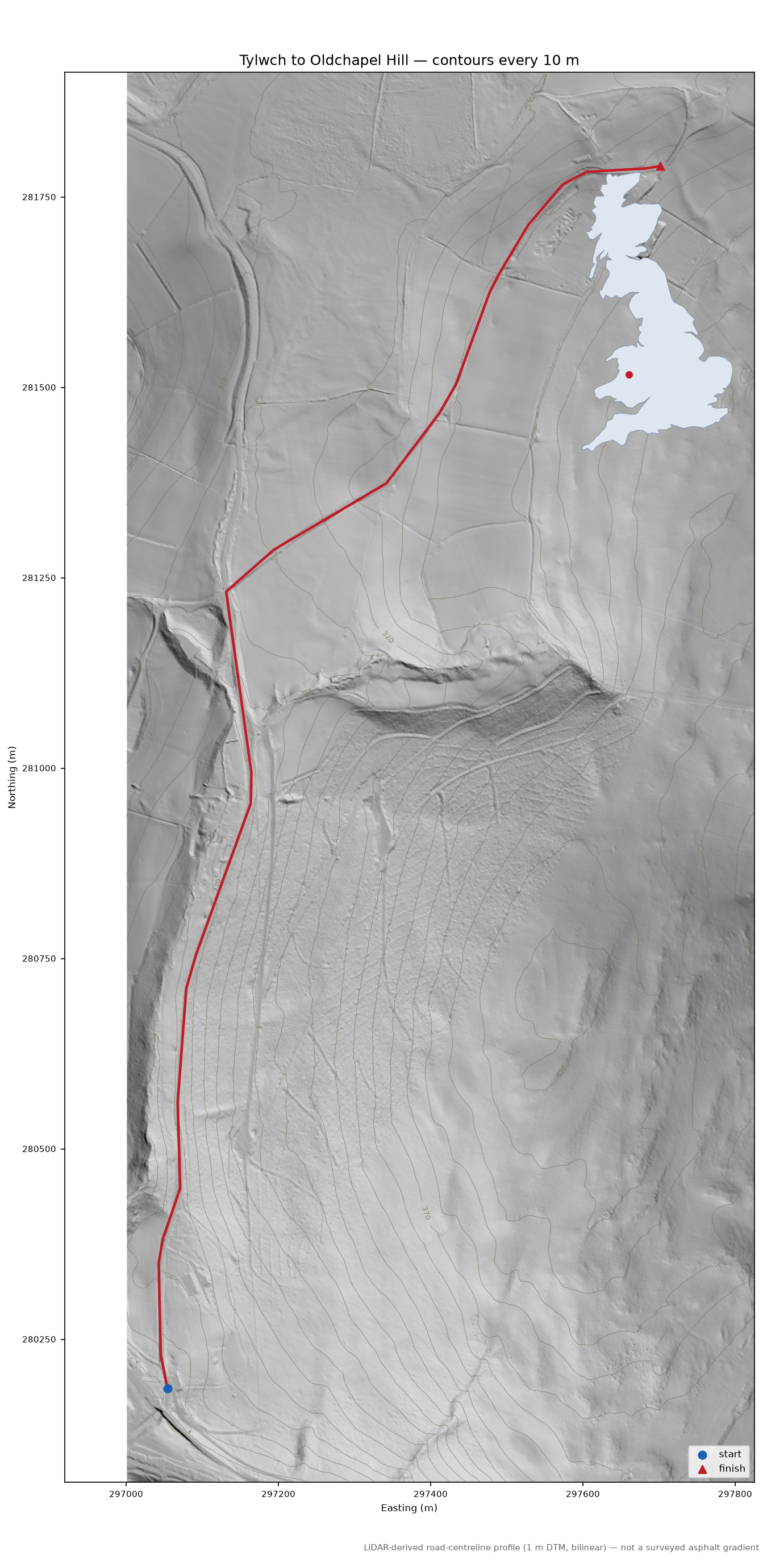 Tylwch to Oldchapel Hill LiDAR hillshade map with contours