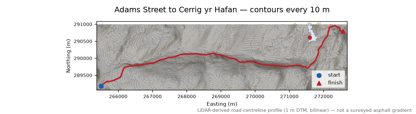 Adams Street to Cerrig yr Hafan LiDAR hillshade map with contours