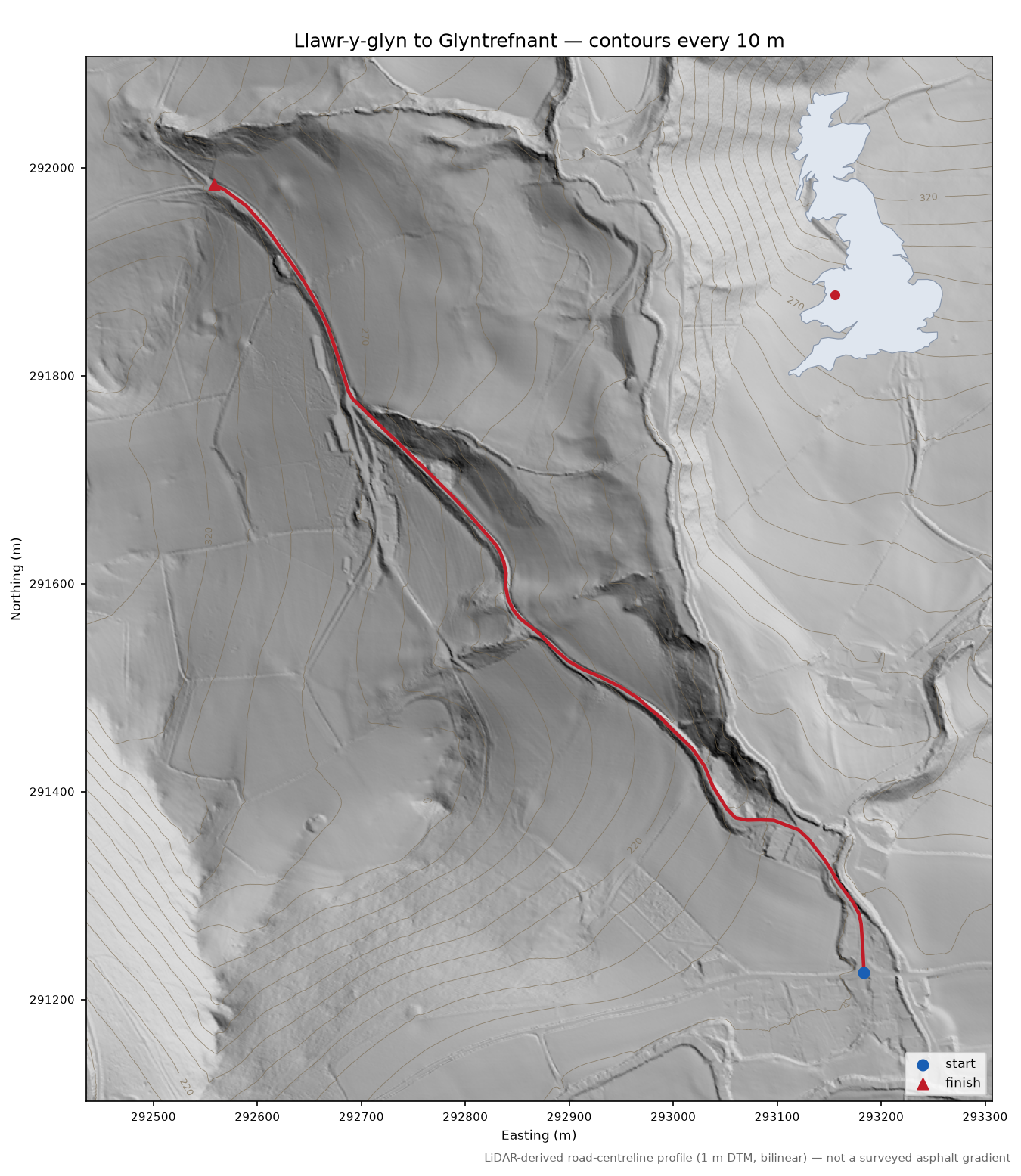 Llawr-y-glyn to Glyntrefnant LiDAR hillshade map with contours