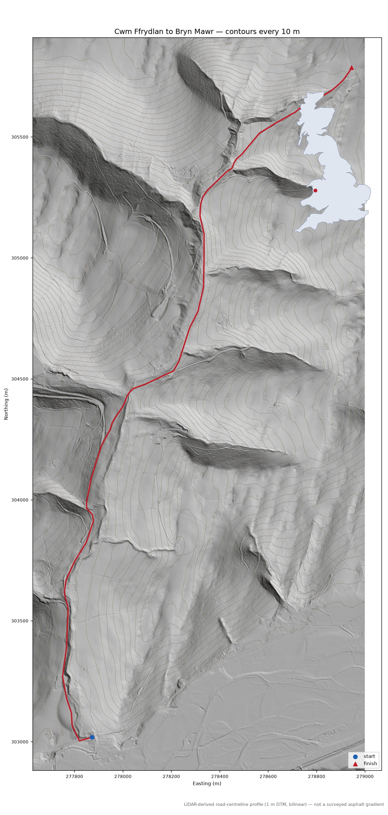 Cwm Ffrydlan to Bryn Mawr LiDAR hillshade map with contours