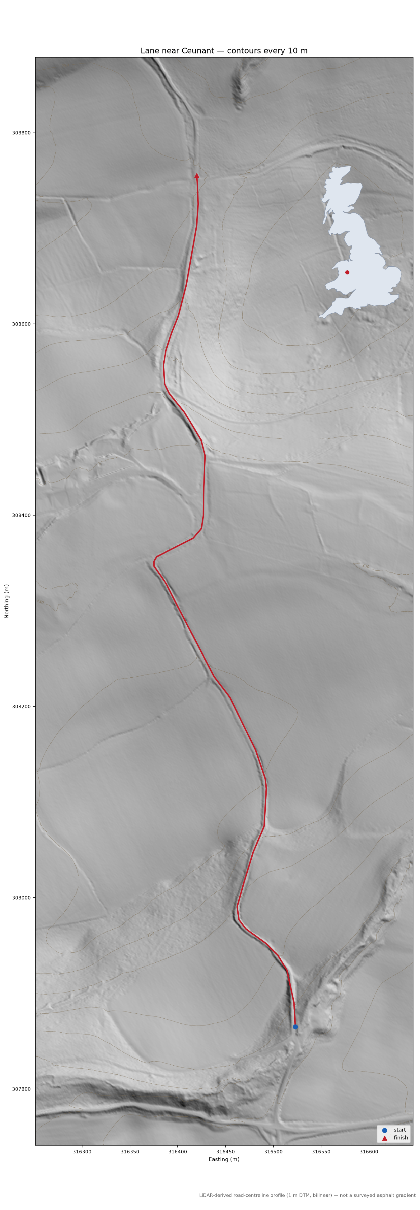 Lane near Ceunant LiDAR hillshade map with contours
