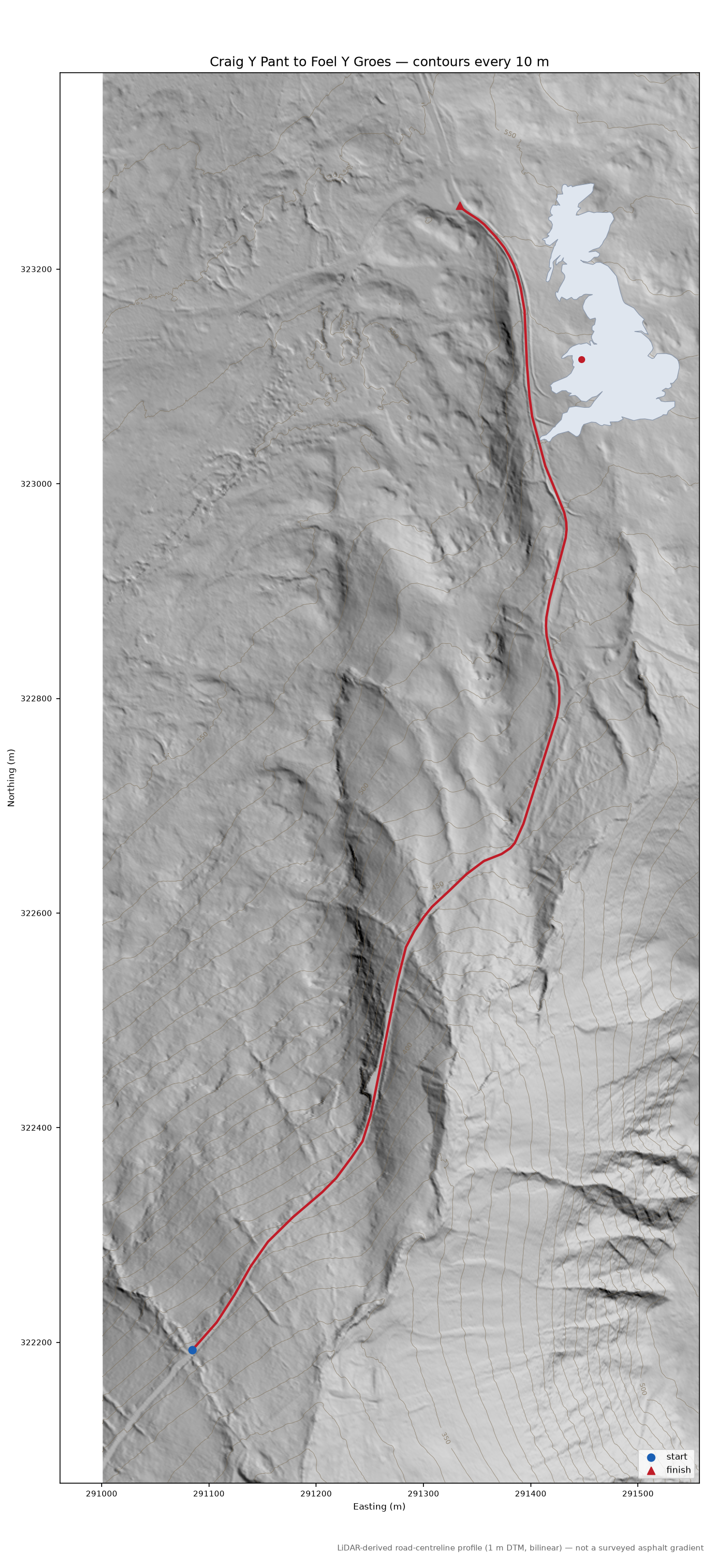 Bwlch y Groes LiDAR hillshade map with contours