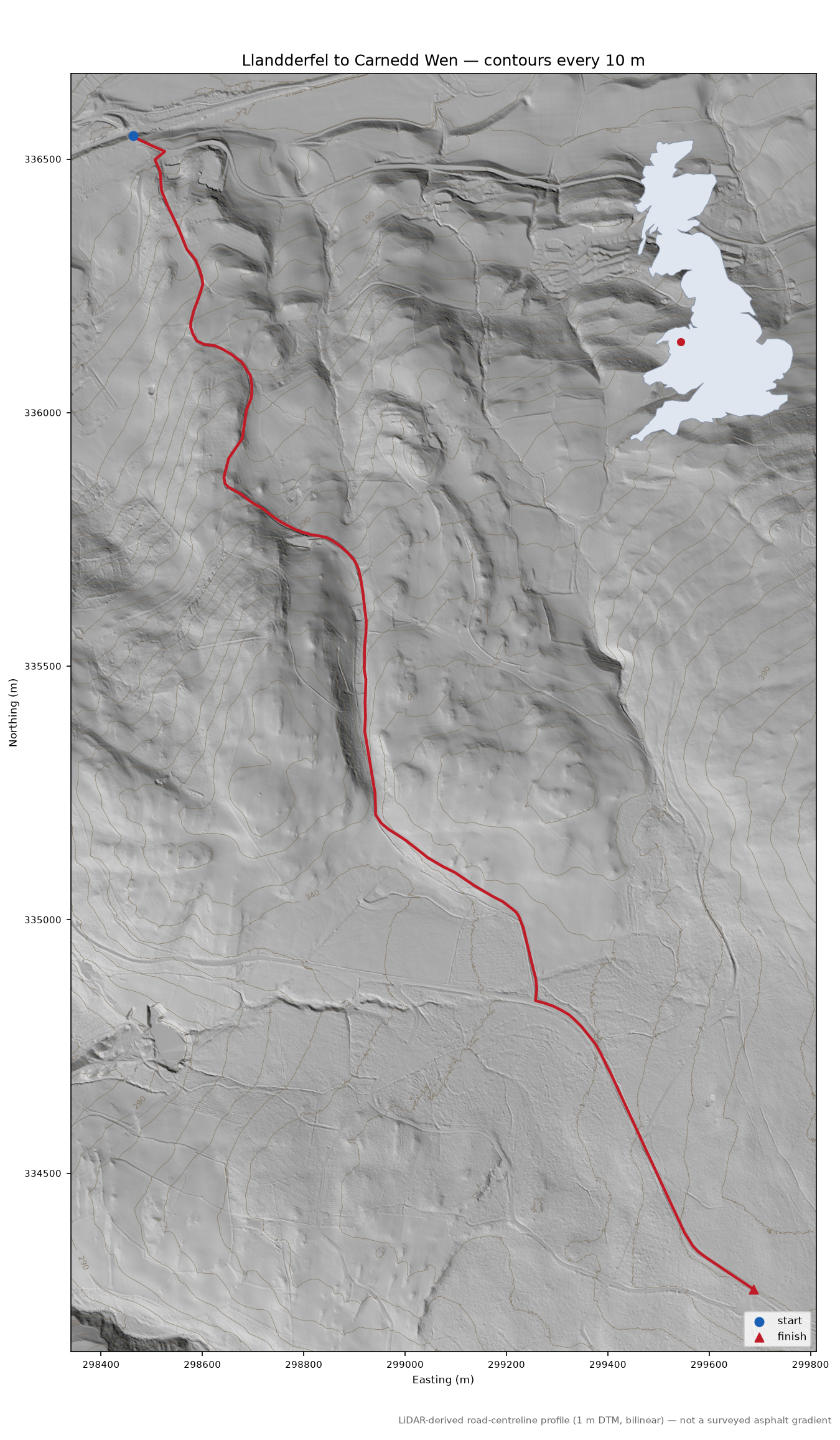 Llandderfel to Carnedd Wen LiDAR hillshade map with contours