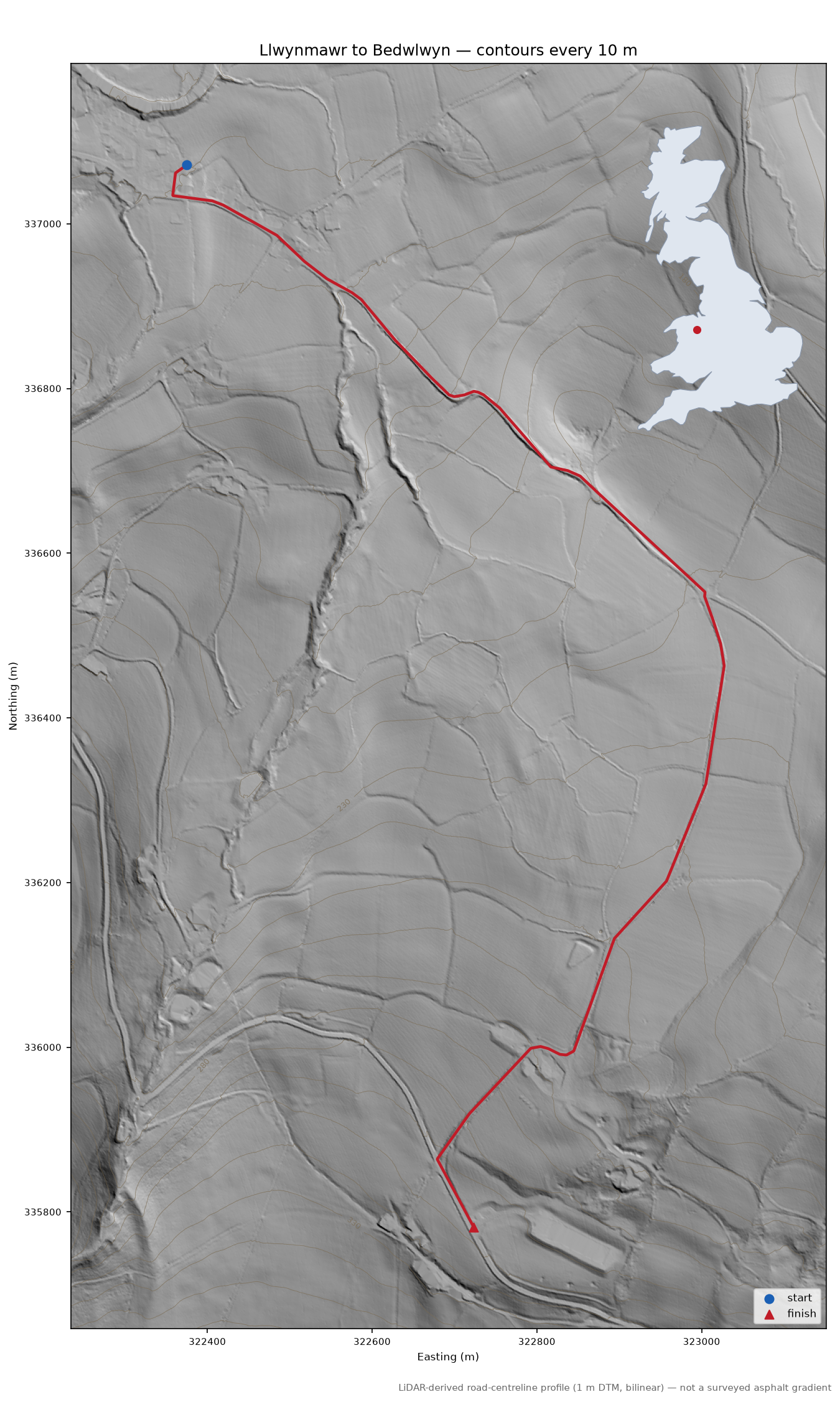 Llwynmawr to Bedwlwyn LiDAR hillshade map with contours