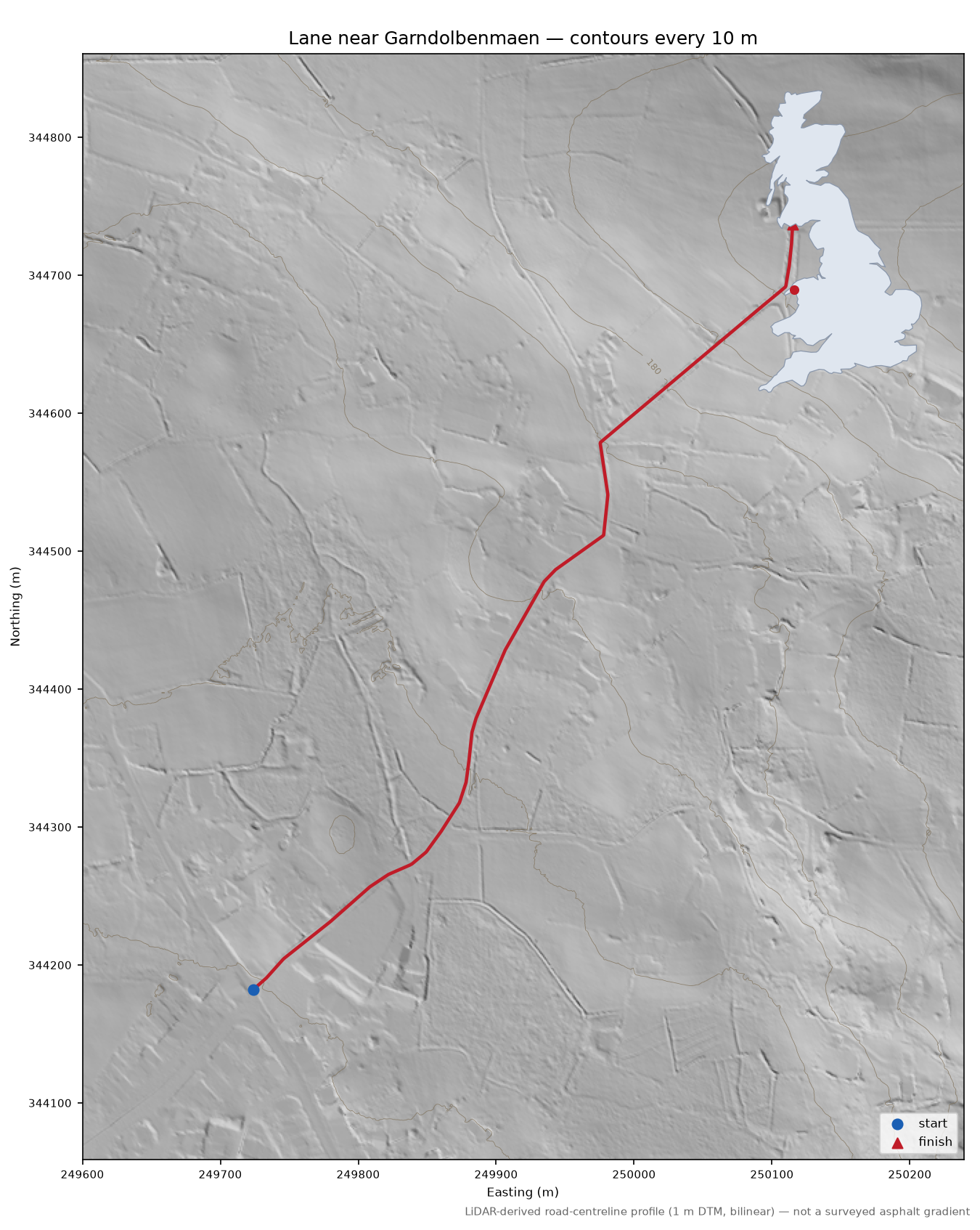 Lane near Garndolbenmaen LiDAR hillshade map with contours