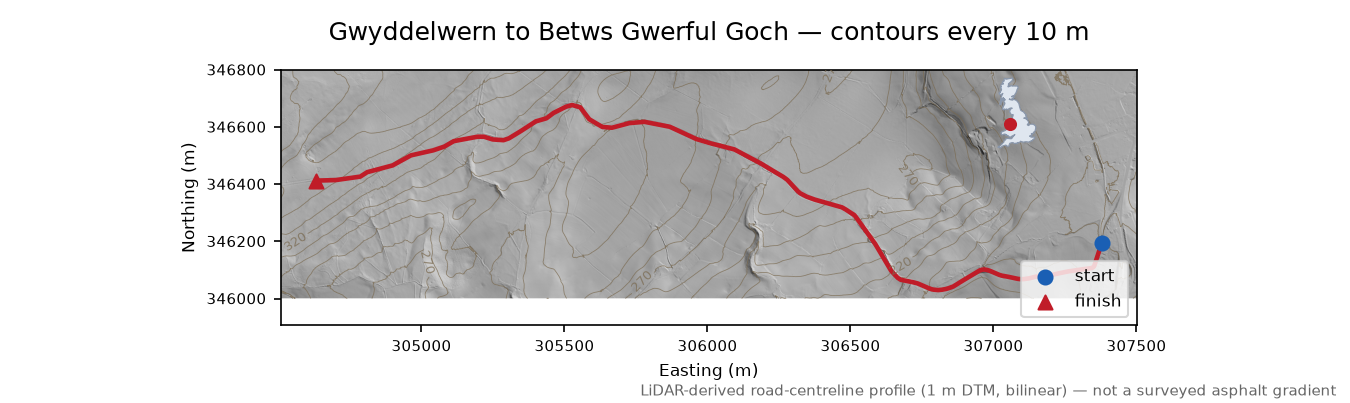 Gwyddelwern to Betws Gwerful Goch LiDAR hillshade map with contours