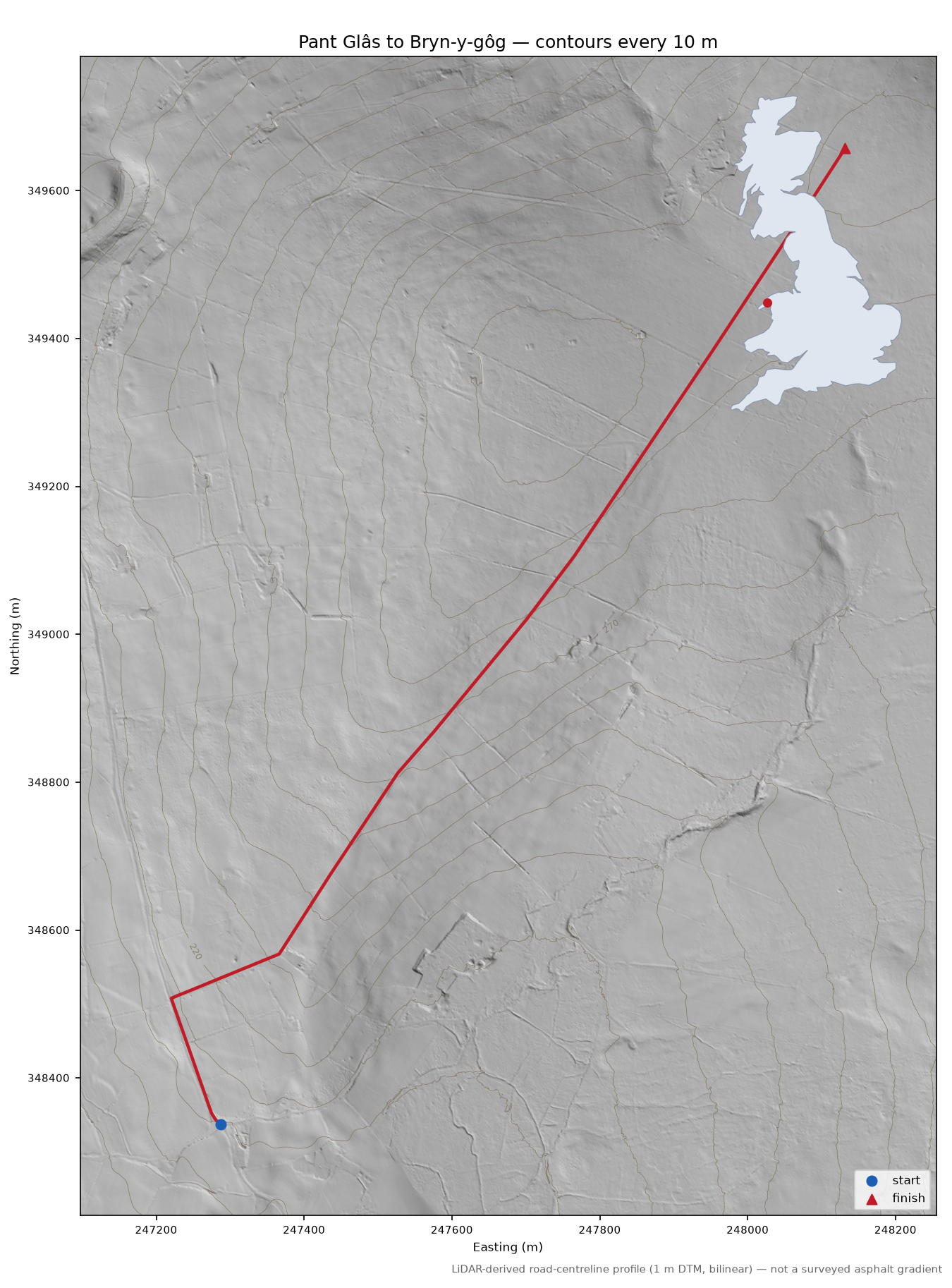 Pant Glâs to Bryn-y-gôg LiDAR hillshade map with contours