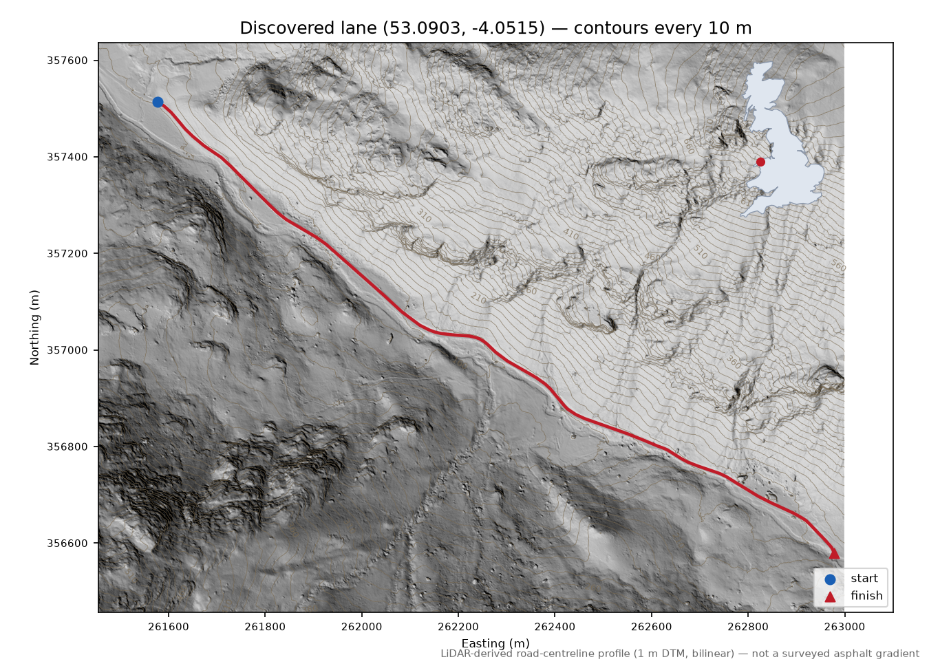 Llanberis Pass LiDAR hillshade map with contours