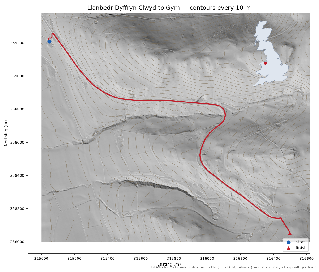 Llanbedr Dyffryn Clwyd to Gyrn LiDAR hillshade map with contours