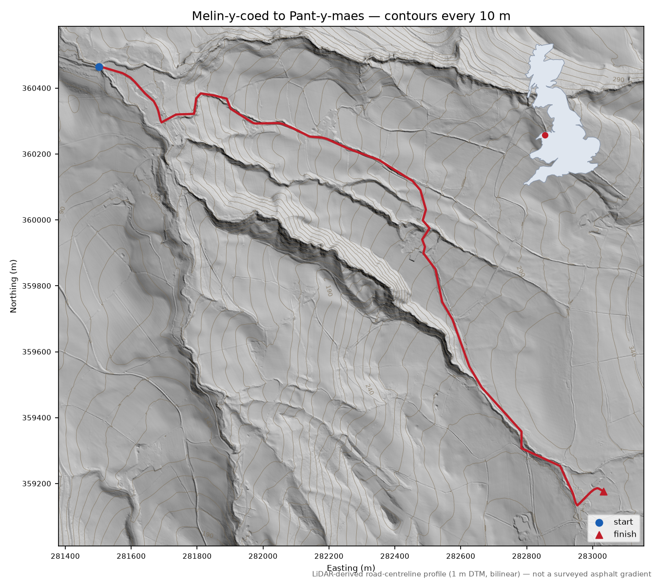 Melin-y-coed to Pant-y-maes LiDAR hillshade map with contours