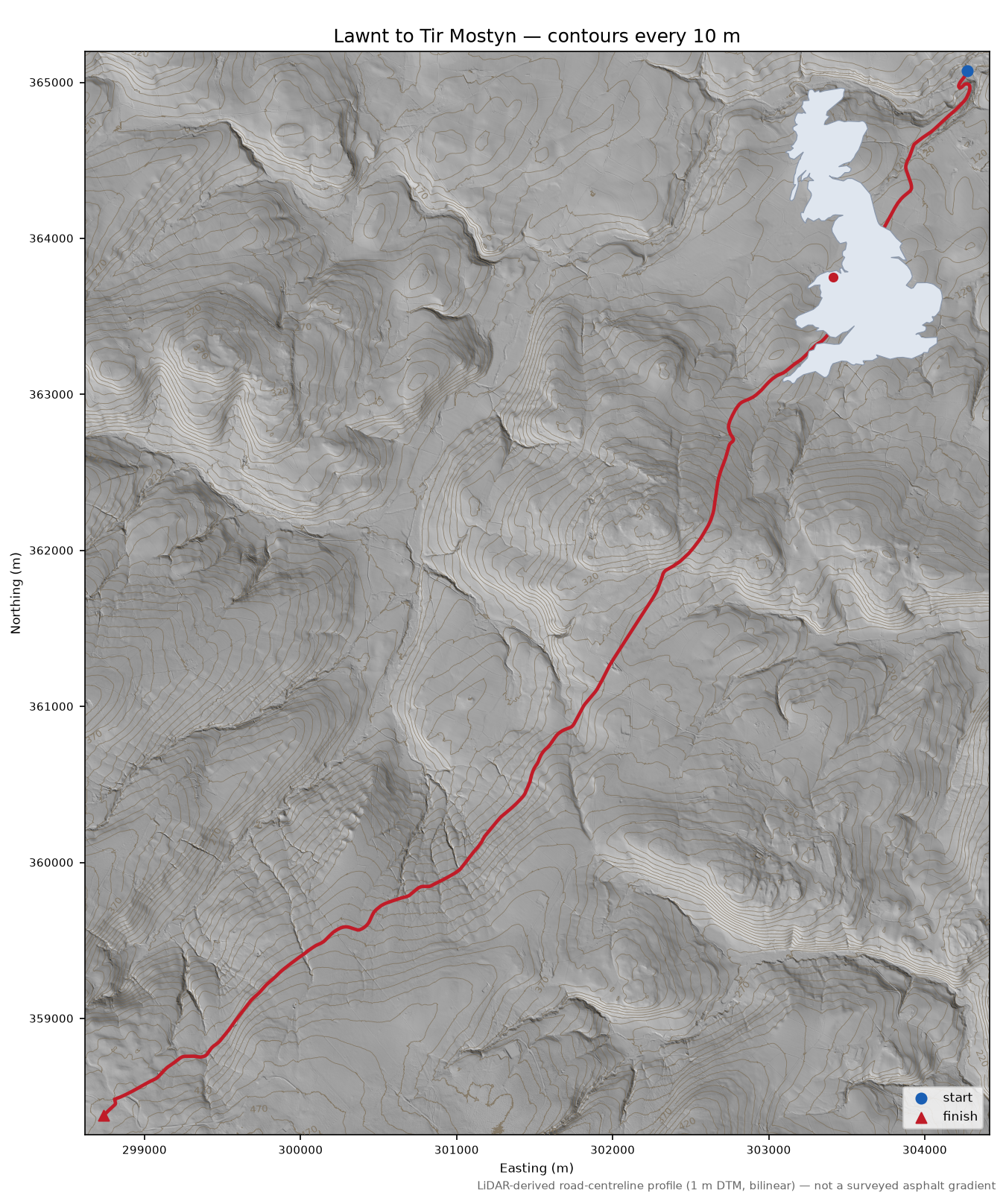 Lawnt to Tir Mostyn LiDAR hillshade map with contours