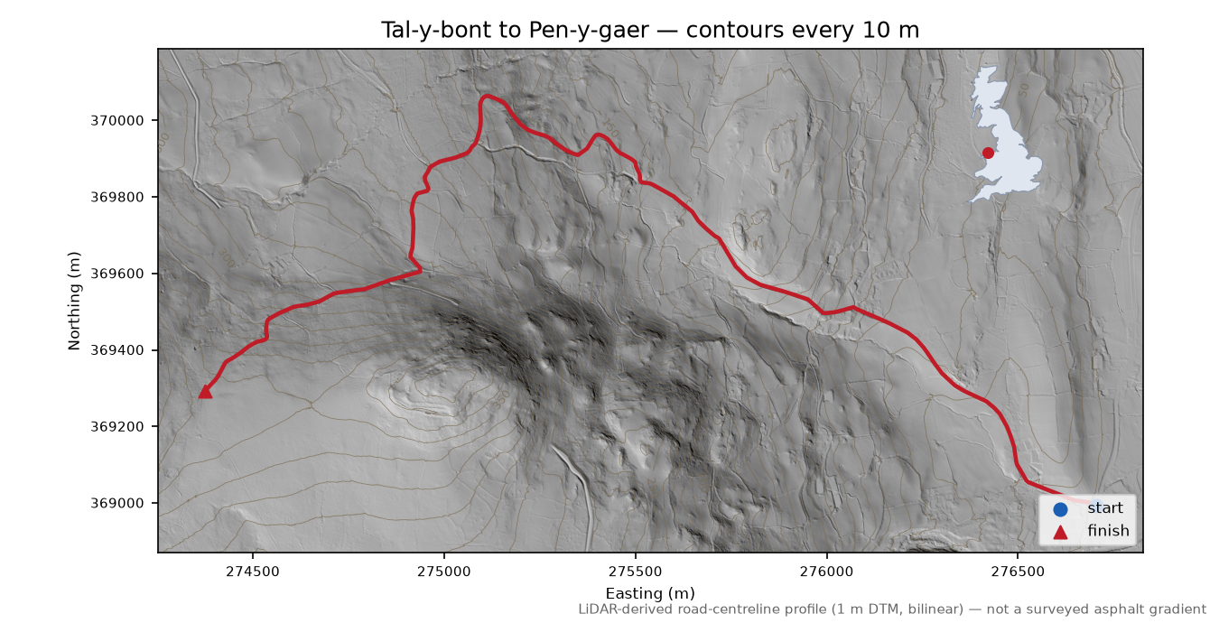 Tal-y-bont to Pen-y-gaer LiDAR hillshade map with contours