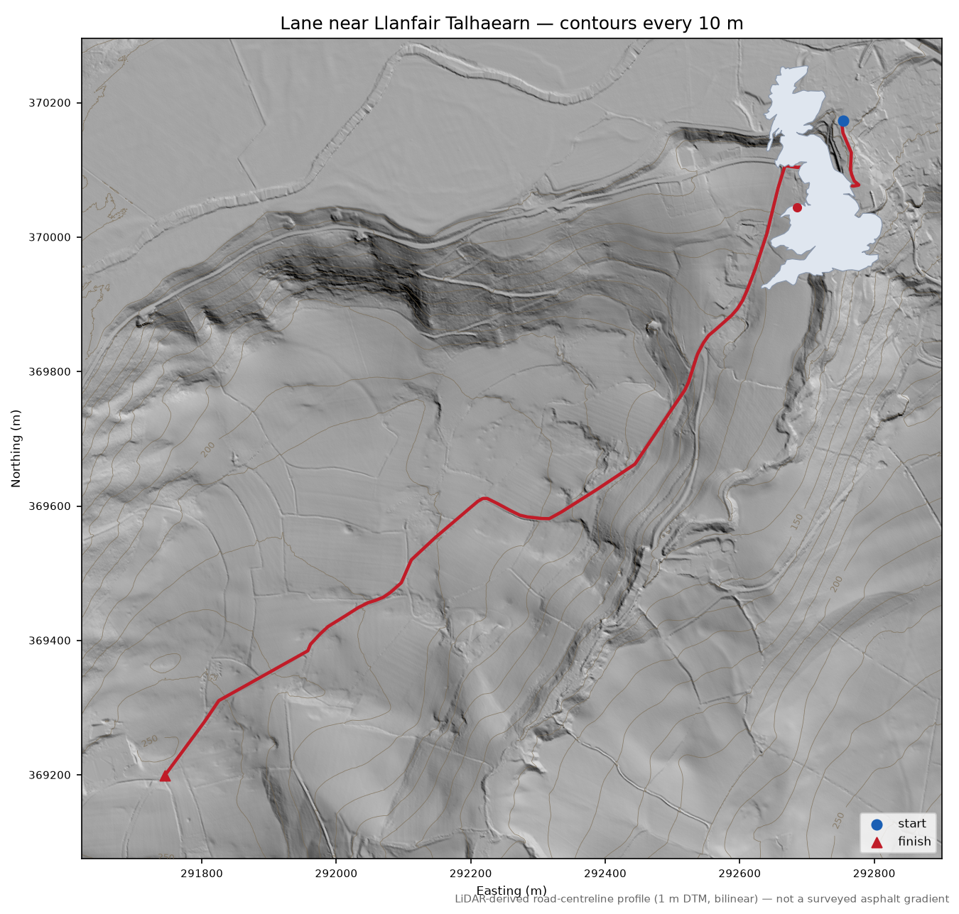 Lane near Llanfair Talhaearn LiDAR hillshade map with contours